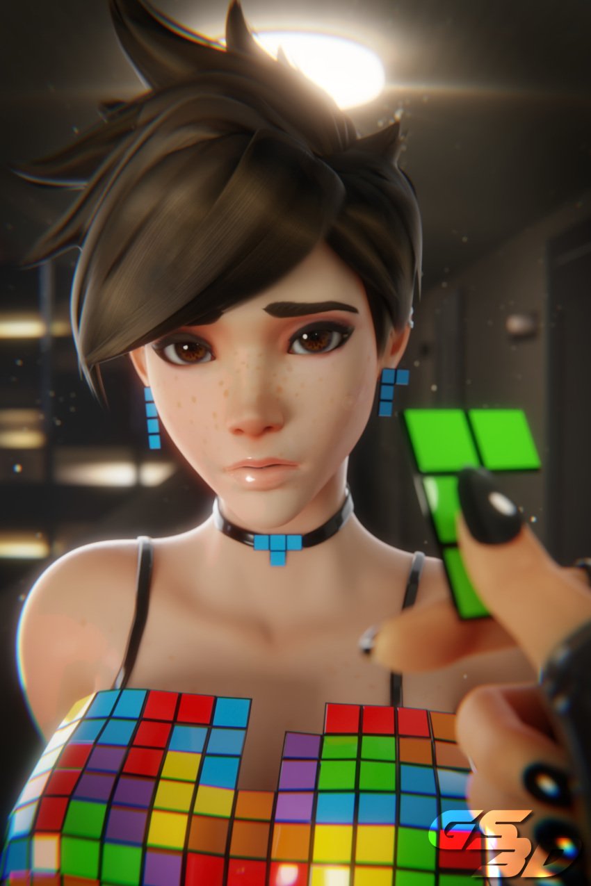 3d brown_eyes embarrassed female female_focus flustered freckles gs3d humiliated humiliating humiliation overwatch overwatch_2 public public_humiliation shy tetris tracer