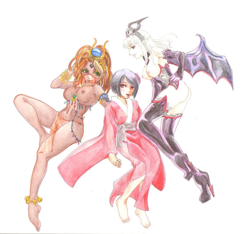 3girls aliorumnas astarte astarte_(castlevania) barefoot breasts_out castlevania dark-skinned_female demon demon_girl drawn female_only red_eyes short_hair succubus succubus_(castlevania) tagme