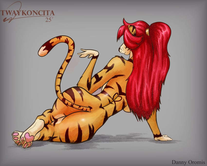 anthro ass ass_up big_breasts big_butt blush breasts fan_character felid feline feline_tail female fur_markings gesture grey_background gynomorph hand_gesture long_hair long_tail lying lying_on_ground mammal name_drop nsfw on_side orange_body orange_fur pantherine paws red_hair shaded shadow signatue simple_background simple_shading solo stripes tiger tiger_girl twaykoncita watermark white_fur