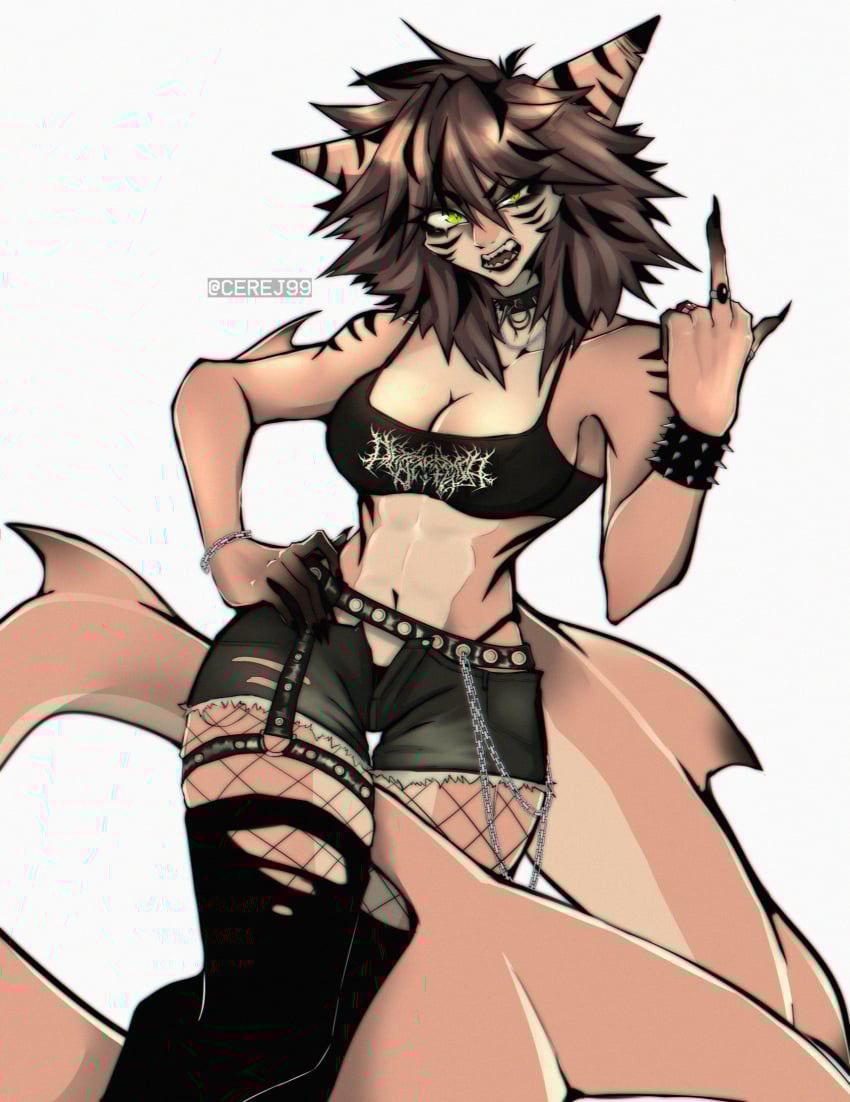 big_breasts breasts brown_hair cerej99 chains choker cleavage female fishnets furry furry_shark goth goth_girl green_eyes middle_finger rings shark shark_furry shark_girl shark_humanoid shark_tail sharp_teeth shorts spiky_hair tail thick_thighs thighhighs thighs thong torn_clothes