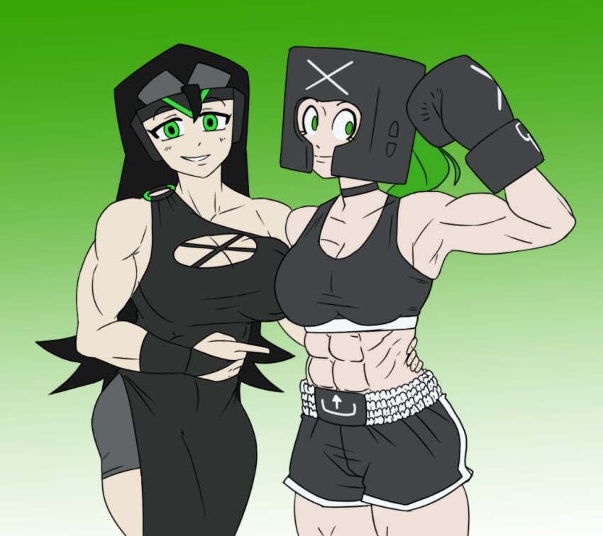 2girls abs black_choker black_sports_bra boxers boxing_gloves console-tan console_girls cropped cropped_legs dolphin_shorts girls gradient_background green_background green_eyes green_hair gummidx headgear light-skinned_female light_skin midriff muscles muscular muscular_arms muscular_female muscular_legs no_background ponytail posing sports_bra xbox_series_x-tan