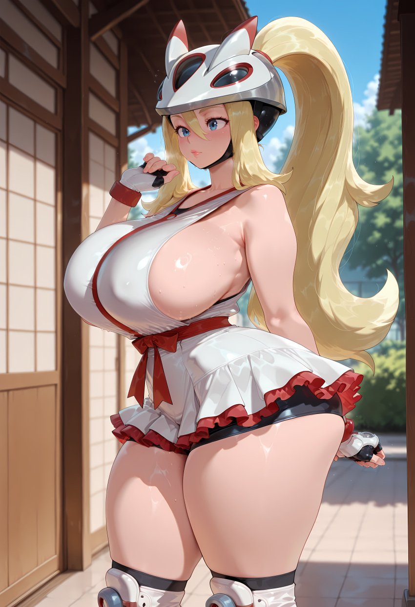 1girls absurd_res absurdres ai_generated alternate_breast_size bare_shoulders blonde_hair blue_eyes blurry_background breasts breasts_bigger_than_head comfyui curvaceous curvy curvy_female depth_of_field female female female_focus female_only fingerless_gloves frilled_skirt from_side game_freak gigantic_breasts hair_on_shoulder helmet highres hourglass_figure huge_breasts knee_pads korrina_(pokemon) lips long_hair massive_breasts mature_female milf narrow_waist nintendo outdoors pokemon pokemon_trainer pokemon_xy ponytail roller_skates shorts sideboob solo solo_female solo_focus stable_diffusion thick_thighs thighs very_long_hair video_games wide_hips xenomon