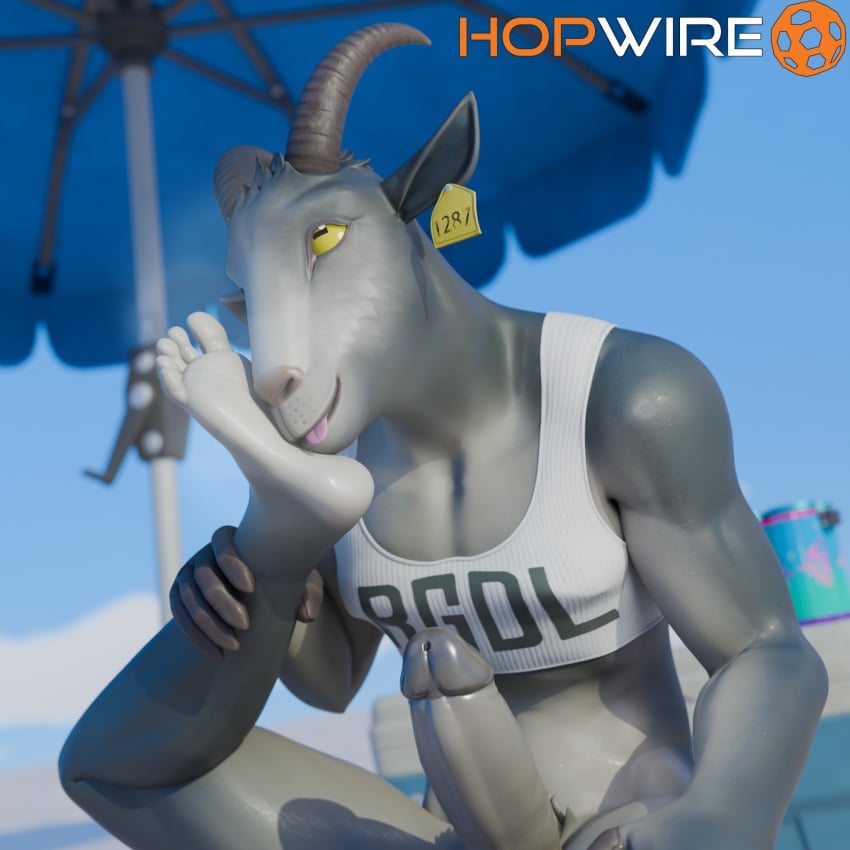 1:1 2025 anthro artist_logo artist_name beverage beverage_can bottomless bovid caprine chug_splash clothed clothing coffee_stain_studios crop_top ear_piercing ear_tag epic_games erection feet fingers foot_fetish foot_on_face foot_on_own_face foot_play fortnite ftm_crossgender fur genitals goat goat_simulator grey_body grey_fur hi_res hooved_fingers hooves hopwiresfm_(artist) horizontal_pupils horn logo male mammal muscular muscular_anthro muscular_male musk musk_clouds musk_sniffing musky_feet outside parasol penis piercing pilgor_(goat_simulator) pubes pupils rule_63 scentplay shirt signature sitting sky soda solo text text_on_clothing text_on_shirt text_on_topwear tongue tongue_out topwear yellow_eyes