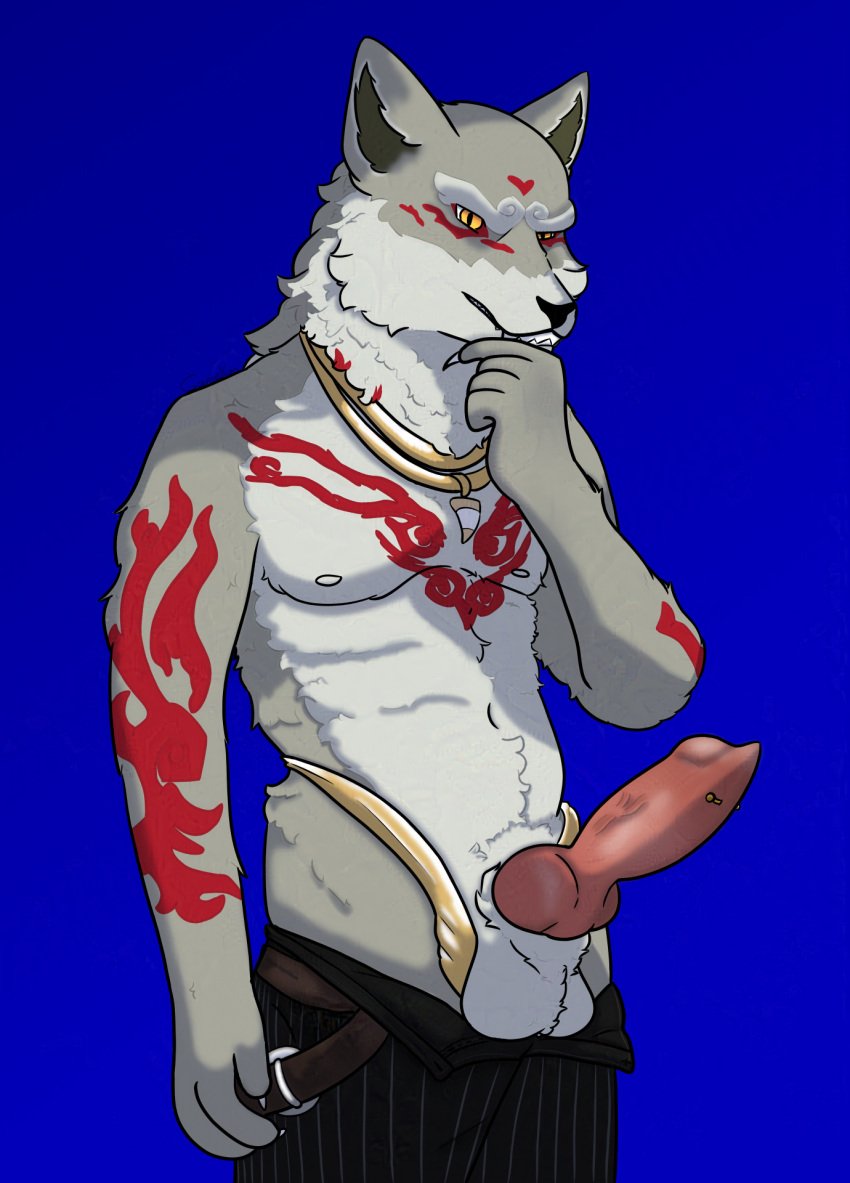 animal_genitalia animal_penis anthro arm_tattoo balls canid canine canine_genitalia canine_penis canis chest_tattoo digital_media_(artwork) epic_games erection fletcher_kane fortnite fortnite:_battle_royale gamekun genitals hi_res knot male mammal muscular muscular_anthro muscular_male penis pubes solo tattoo wolf