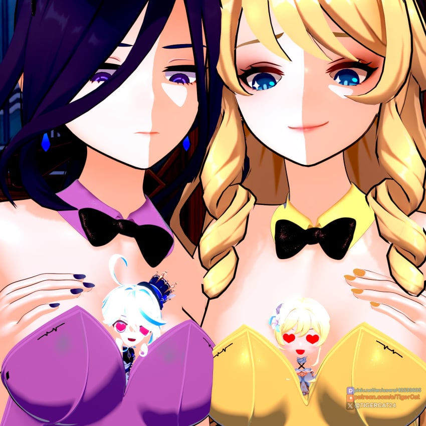 4girls background blender blonde_female blonde_hair blue_hair breasts bunny_costume bunny_ears bunny_girl bunnygirl bunnysuit chibi clorinde_(genshin_impact) furina_(genshin_impact) genshin_impact hand_on_breast heart_eyes light-skinned_female light_skin lumine_(genshin_impact) navia_(genshin_impact) pubic_hair purple_eyes size_difference tagme tigercat