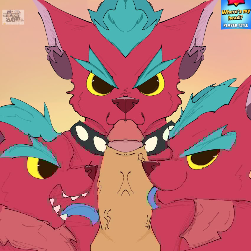 anthro blue_body blue_fur brawl_stars canid canid_demon canine cerberus collar crookedcrow demon european_mythology feral foursome fur genitals greek_mythology group group_sex hellhound hi_res humanoid_genitalia imminent_oral imminent_sex licking looking_at_viewer male male/male mammal multi_head mythological_canine mythological_creature mythology oral penile penis penis_lick red_body red_fur seductive sex sharp_teeth supercell_(company) tagme taur teeth tick_(brawl_stars) tongue trio