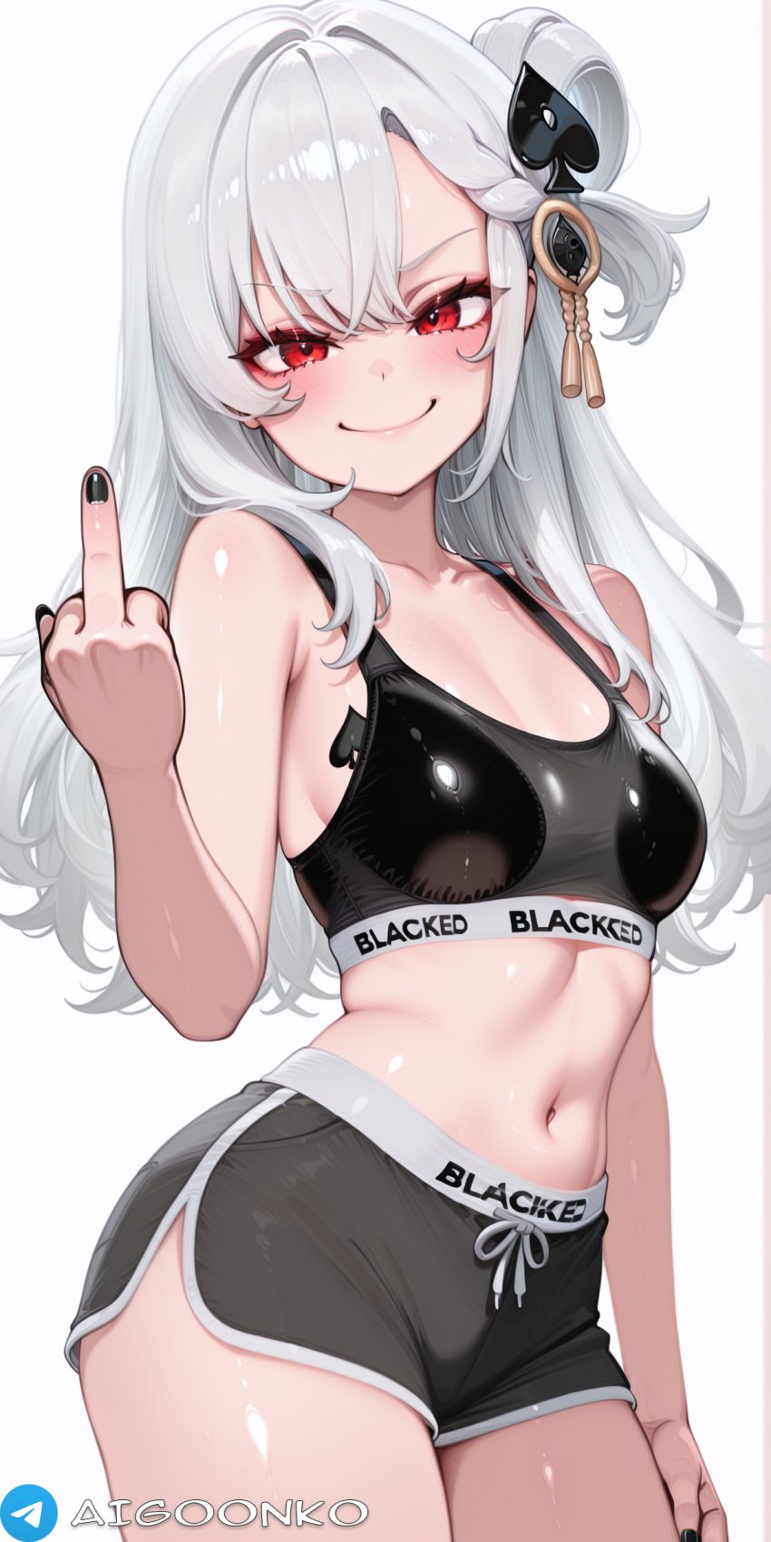 ai_generated aigoonko alpha_1918 black_nails blacked blacked_clothing female middle_finger queen_of_spades red_eyes russian russian_girl shorts smiling sports_bra tagme tattoo white_hair