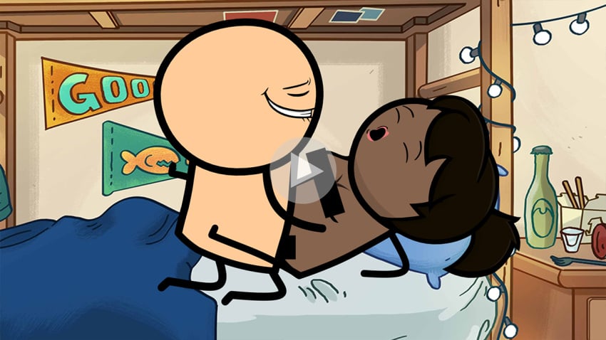 1guy accurate_art_style bald bed black_hair bunk_bed censor_bar collage completely_nude_female cyanide_and_happiness dark-skinned_female fake_play_button fake_video female interracial light-skinned_male naked nude pillow play_button straight tagme university