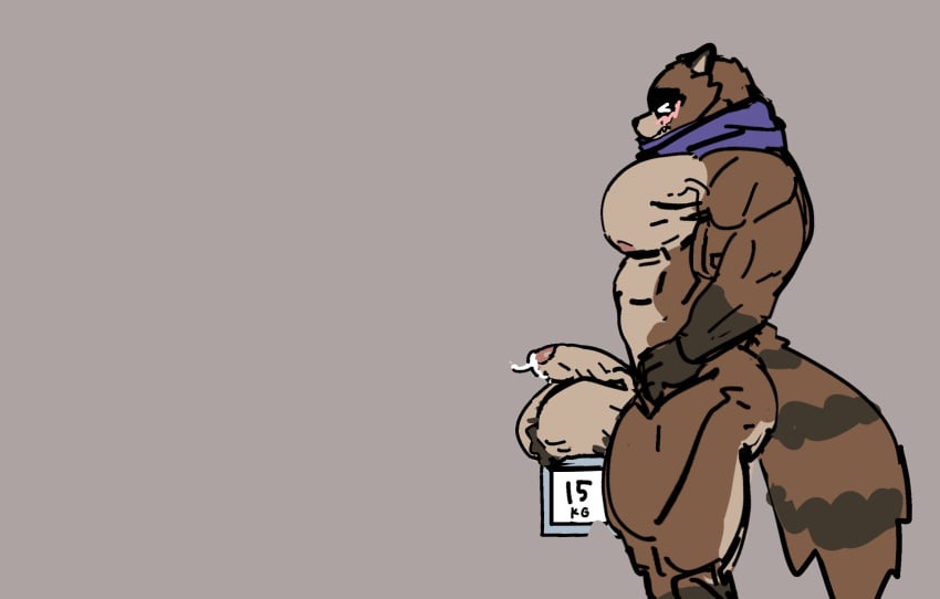 1boy anthro anthro_male big_balls big_penis black_fur blush brown_body brown_fur closing_eyes cum cum_drip cum_on_glans cum_on_penis cum_on_penis_head furry furry_male grey_background hairy_balls male male_anthro massive_balls muscular muscular_anthro muscular_male oryzaviridi purple_scarf scarf scarf_only solo_male tanuki tanuki_humanoid tanuki_tail veiny veiny_muscles veiny_penis weighing_scale white_fur