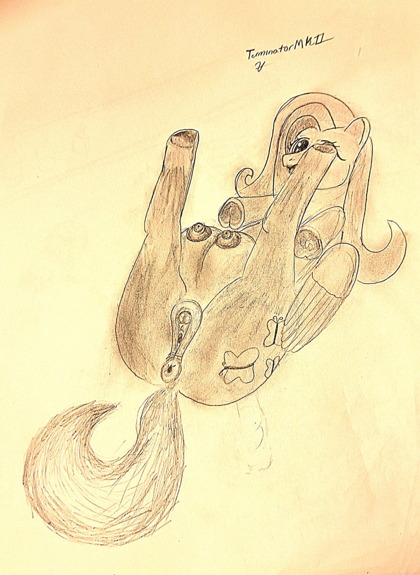 ¡ anus clitoral_winking clitoris crotchboobs cutie_mark female female_only feral fluttershy_(mlp) my_little_pony pegasus ponut terminatormkii traditional_media_(artwork)