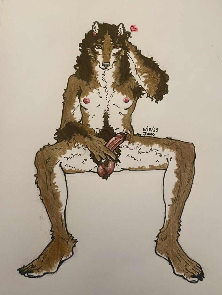 5_fingers 5_toes absurd_res anthro arm_tuft armpit_tuft ball_tuft balls barefoot bodily_fluids body_hair breasts brown_body brown_fur canid canine canis feet fingers forearm_tuft forearms foreskin fur futanari genital_fluids genitals gynomorph hairy_balls happy_trail hi_res humanoid_feet intersex makoyi_(makoyino) makoyino mammal masturbation penile penile_masturbation penis plantigrade pose precum pubes saggy_balls sitting small_breasts solo toes traditional_media_(artwork) trans_(lore) trans_woman_(lore) tuft uncircumcised white_body white_fur wolf