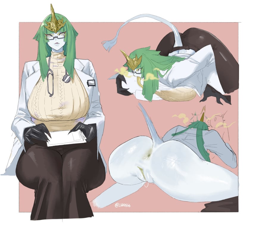 1boy anus breasts claws crown doctor fangs fellatio female glasses green_hair highres hime_cut lab_coat large_breasts licking liren44 long_tongue monster_girl oral original pale_skin pants pink_background pussy sitting size_difference stethoscope sweater tail tail_through_clothes tall_female tongue tongue_out yellow_eyes