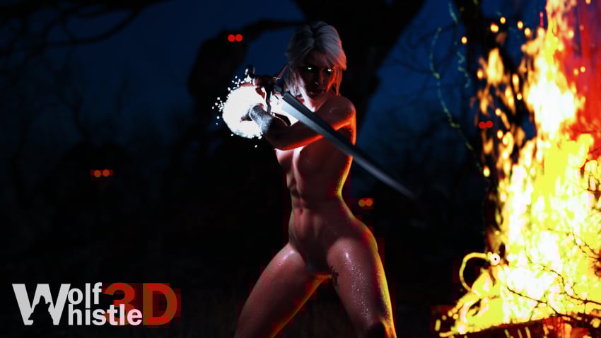 3d breasts cd_projekt_red ciri completely_nude female green_eyes light-skinned_female looking_at_viewer mascara monster nipples nude pubic_hair scar solo solo_female sword tattoo the_witcher_(series) the_witcher_3:_wild_hunt wet_body white_hair wolfwhistle3d