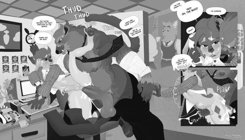 absurd_res anal anal_sex angryrawcoon anthro ass background_character balls belt big_balls big_penis binturong bite blush bodily_fluids boss boss_and_employee bottomwear bubble_butt buckteeth canid canine canis chair clock clothed clothing comic computer cubicle cum cum_drip cum_in_ass cum_inside cumshot desk detailed_background dialogue digital_media_(artwork) dripping duo ejaculation electronics employee employee_of_the_month employee_uniform english_text erection exhibitionism eyewear fox fur furniture genital_fluids genitals glasses greyscale hair hi_res humanoid_genitalia humanoid_penis inside jacket lagomorph leporid licking licking_lips male male/male male_penetrated male_penetrating male_penetrating_male mammal monochrome musclegut muscular muscular_male necktie nipples note_pad nude oblivious office office_chair office_clothing onomatopoeia open_belt open_mouth orgasm ourobunny pants pawpads pecs penetration penile penis phone phone_call phone_ringing question_mark rabbit risky_sex sex shirt shoulder_bite size_difference sound_effects speech_bubble sweat table tail teeth text tongue tongue_out topwear unbuttoned unbuttoned_shirt unprofessional_behavior viverrid wolf