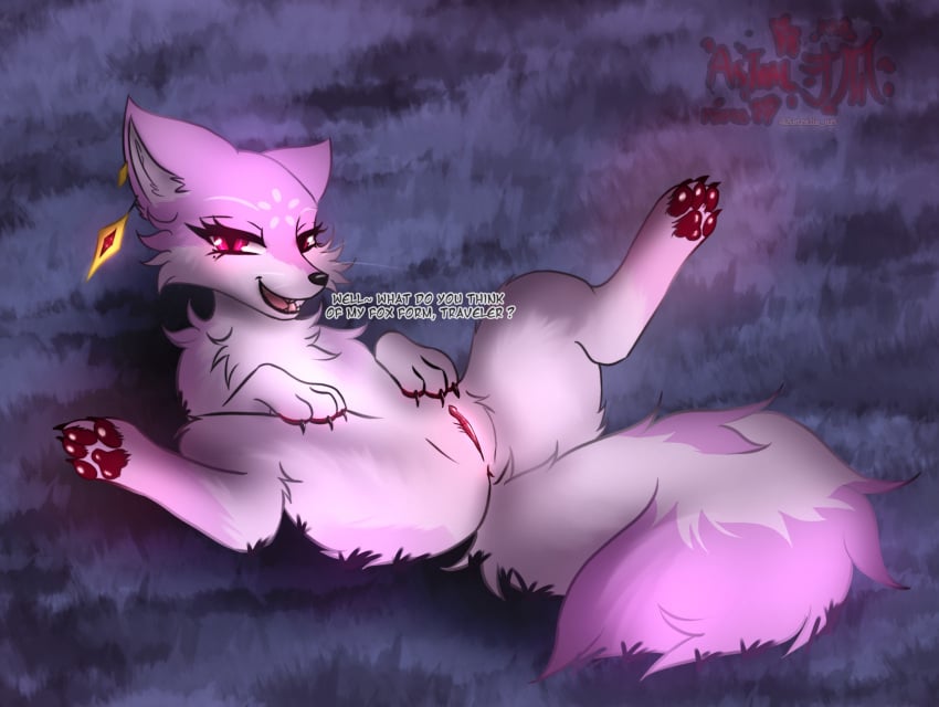anus astralia_(art) canid canine ear_piercing ear_ring facial_markings female feral feral_only fox fur gem genitals genshin_impact grass head_markings hi_res looking_at_viewer mammal markings mihoyo pawpads paws piercing pink_body pink_fur plant presenting presenting_pussy pussy red_eyes ring_piercing smile smirk solo tail text watermark yae_miko