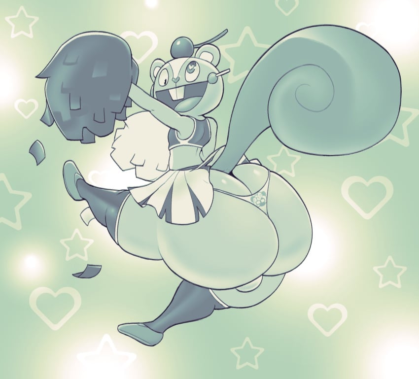 2024 anthro apple ass ball_bulge big_butt bottomwear buckteeth candy candy_apple cheerleader cheerleader_outfit clothed clothed_anthro clothed_male clothing crop_top dessert english_description fawxythings food food_on_face footwear fruit happy_tree_friends heart_eyes heart_nose heart_symbol hi_res lazy_eye legwear lollipop male mammal nutty_(htf) open_mouth plant pom_poms rear_view rodent sciurid shirt skirt smile solo star_symbol tail teeth thick_thighs thong topwear tree_squirrel underwear