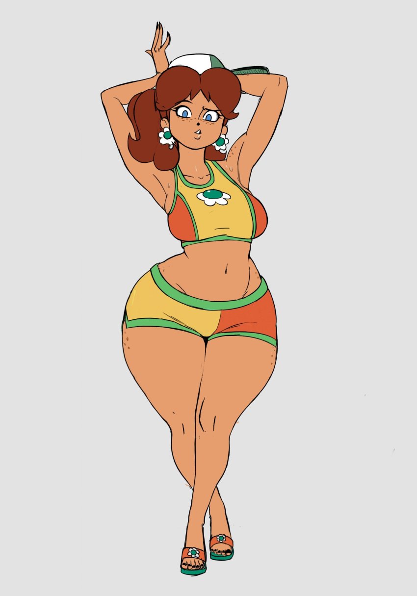 1girls armpits arms_up baseball_cap big_breasts blue_eyes breasts brown_hair busty child_bearing_hips crossed_ankles dark-skinned_female dark_skin earrings female female_only flower_earrings freckles hat highres jewelry kseg3501 large_breasts legs mario_(series) mario_kart mario_kart_world medium_hair midriff navel nintendo parted_lips pose posing princess_daisy sandals sexy sexy_armpits sexy_pose short_shorts shorts speech_bubble sports_bikini sports_bra teeth thick_thighs thighs voluptuous wide_hips