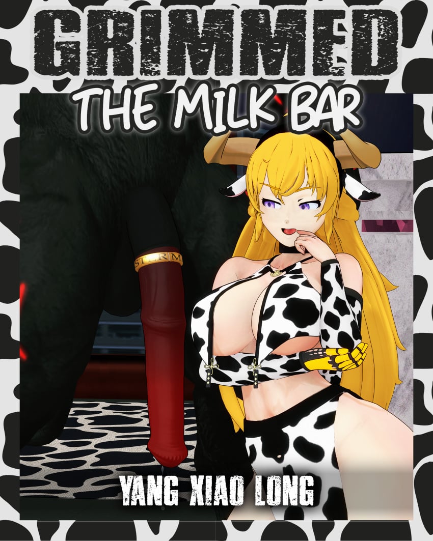 1boy 1girls blonde_female blonde_hair cover_page cow_ears cow_horns cow_print cow_print_bikini flaccid_penis grimm_(rwby) half-dressed half_naked half_naked_female huge_cock indrick_[artist] long_hair long_hair_female minotaur monster monster_boy monster_cock nude_male purple_eyes rwby yang_xiao_long