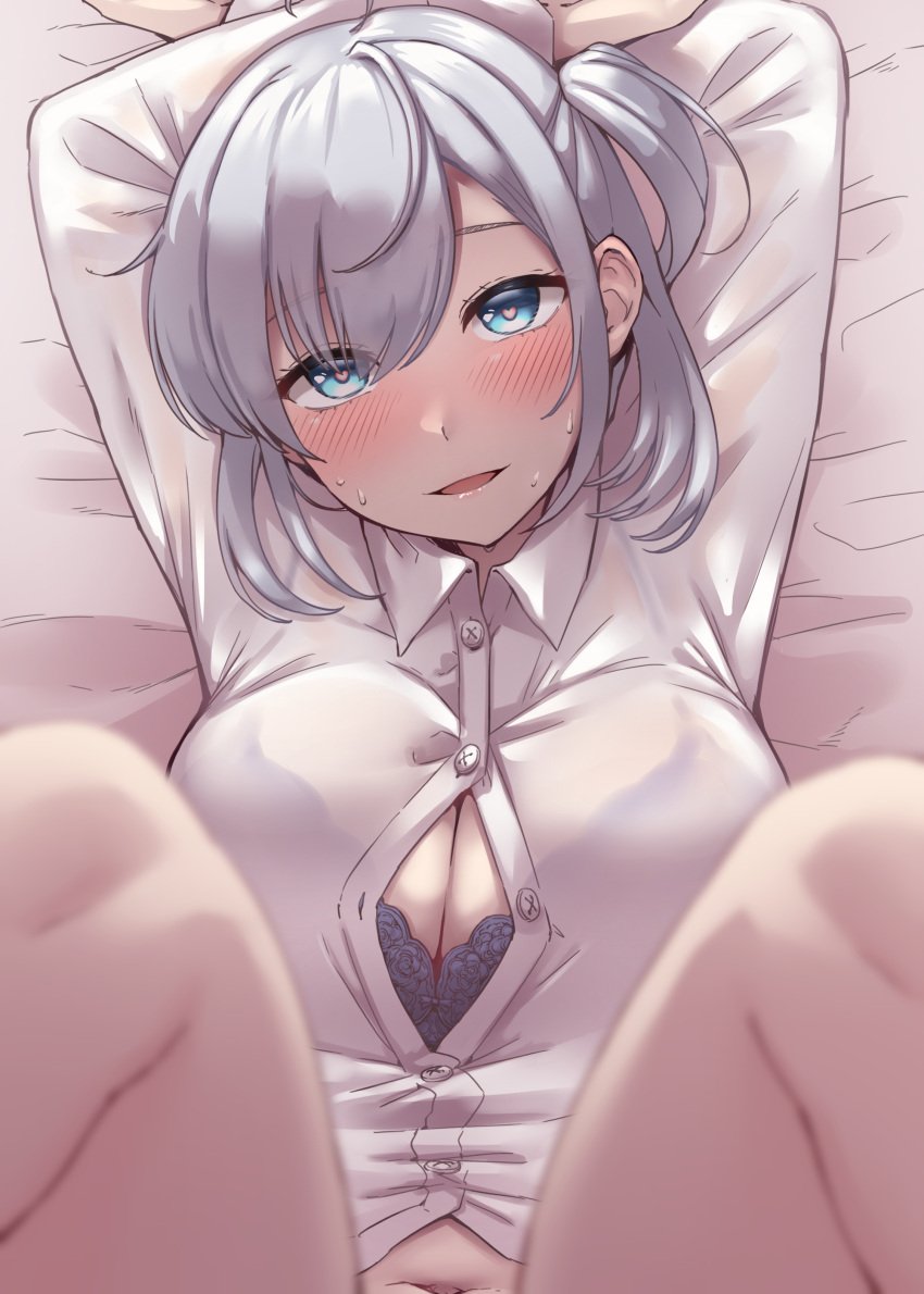 1girls absurdres bed_sheet black_bra blue_eyes blush bra breasts buttons cleavage collared_shirt feet_out_of_frame grey_hair hair_between_eyes heart heart-shaped_pupils highres kantai_collection kiritto large_breasts long_hair long_sleeves looking_at_viewer navel one_side_up open_mouth shirt smile solo suzutsuki_(kancolle) symbol-shaped_pupils underwear white_shirt