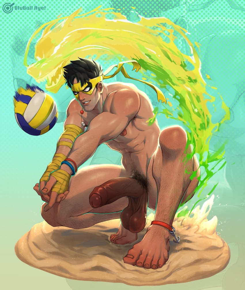 1boy abs absurdres armpit_hair armpit_hair_peek ball balls bara barefoot beach_volleyball black_hair blubullaye commentary completely_nude english_commentary erection foreskin highres huge_cock iron_fist_(marvel) leg_hair lin_lie male male_focus male_pubic_hair marvel marvel_rivals mask muscular muscular_male navel nipples nude parted_lips partially_retracted_foreskin pectorals penis pubic_hair retracted_foreskin sagging_testicles sand short_hair solo testicles uncircumcised variant_set veins veiny_penis volleyball_(object)