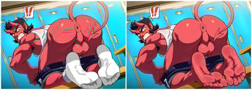 ai_generated angry_expression angry_face anus ass_up balls barefoot black_hair danger_dolan demon demon_boy demon_tail devil devil_horns dominated exposed_anus exposed_ass forced forced_presentation gay gay_domination hellbent humiliation indoors jock locker_room male male_feet male_only muscular muscular_male penetration planet_dolan red_skin shorts shorts_pulled_down socks stinky_feet sweaty vibrator_in_ass