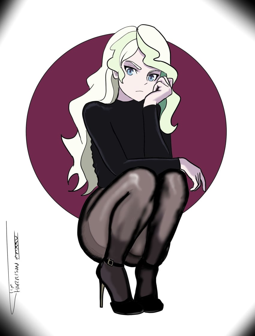 1girls artist_signature black_sweater blonde_hair blue_eyes diana_cavendish female high_heels ironsiderodger legs light-skinned_female light_skin little_witch_academia nylons sweater tights