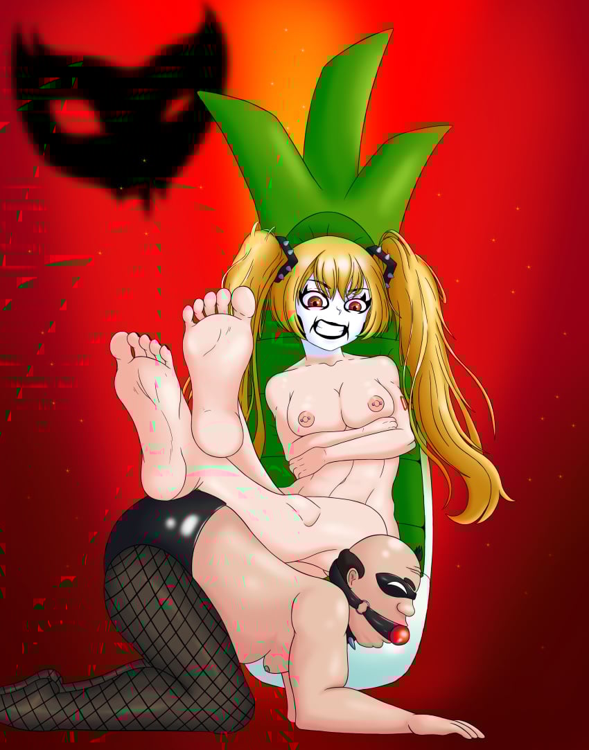 accessory arms_crossed arms_crossed_under_breasts ball_gag barefoot bdsm_harness bdsm_outfit big_breasts bondage breasts degradation detroit_metal_city fanart feet feet_focus feet_up femdom gagged hatsune_miku johannes_krauser_ii leek legs_on_back mask naked naked_female nipples pierced_nipples piercing red_eyes royalforcemeat sitting spikes stepped_on stockings tattoo throne vocaloid yellow_hair