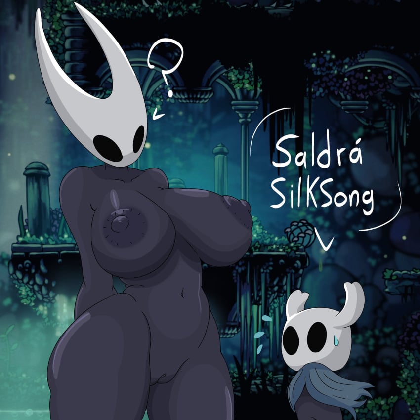 2025 2_horns ambiguous_gender areola arthropod big_breasts biped black_areola black_body black_breasts black_eyes black_nipples bodily_fluids breasts cloak clothing dialogue duo english_text female genitals half_sister_(lore) hi_res hollow_knight horn hornet_(hollow_knight) looking_at_another navel nipples nude outside pussy question_mark sibling_(lore) sister_(lore) speech_bubble standing sweat sweatdrop tannicfer team_cherry text the_knight_(hollow_knight) thick_thighs vessel_(species) white_text wide_hips