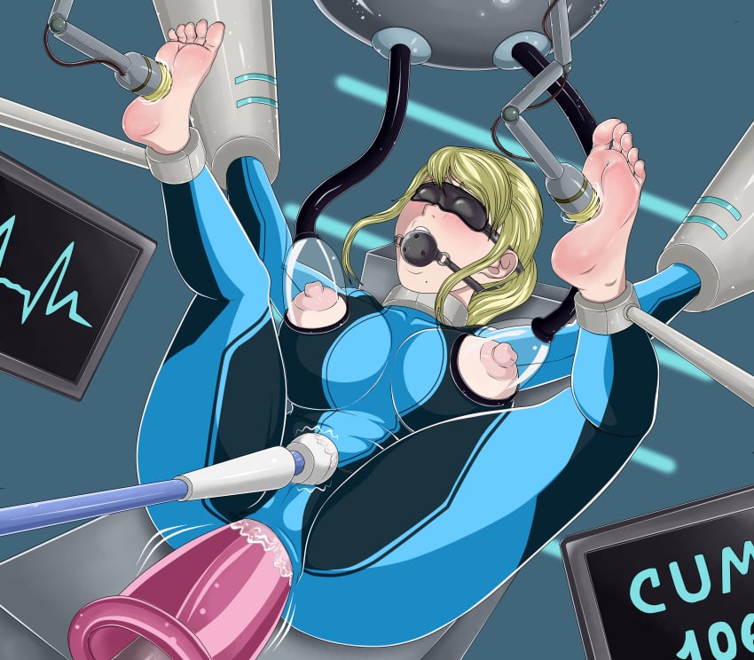 aggelioss ahe_gao anal ball_gag blonde_hair blue_eyes bondage breasts clothed covered_eyes female forced_lactation lactation metroid milking_machine mouth_gag nintendo restrained samus_aran sex_machine solo_female tickle_torture variant