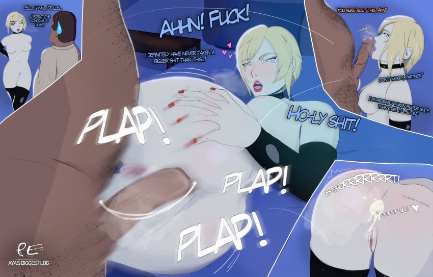 2d 2d_(artwork) anal anal_cum_expulsion anal_sex aya_brea big_ass big_penis blonde_hair blue_eyes blush chocker consensual cum cum_fart cum_in_ass cum_inside daniel_dollis dark-skinned_male dialogue eyes_rolling_back friends_with_benefits funny humor leather licking_penis light-skinned_female looking_at_partner parasite_eve square_enix stockings
