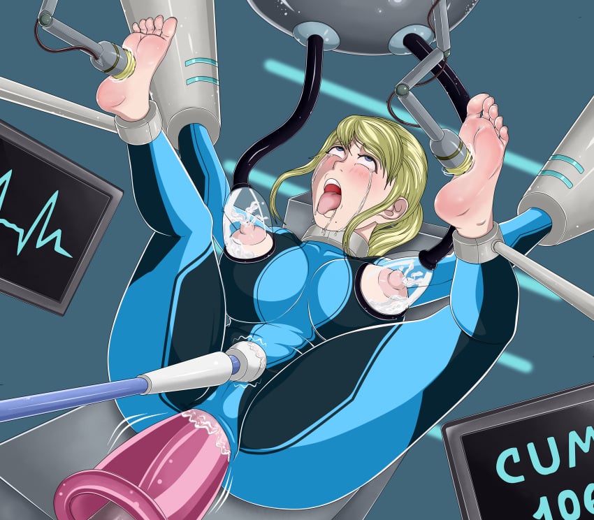 aggelioss ahe_gao anal blonde_hair blue_eyes bondage breasts clothed crying crying_with_eyes_open exposed_breasts female forced_lactation lactation metroid milking_machine nintendo restrained samus_aran sex_machine solo_female tickle_torture