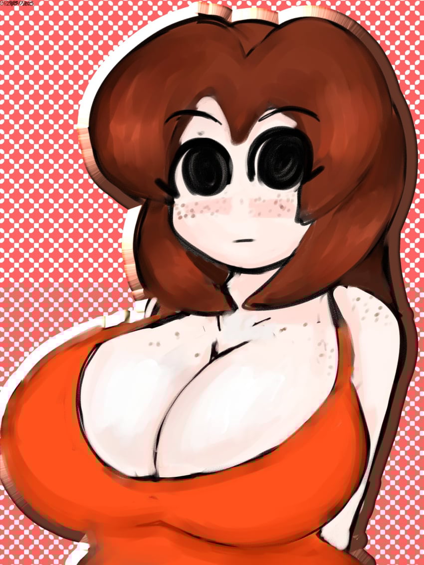 blush brown_hair freckles freckles_on_breasts large_breasts mii mii_gunner_(smash_4) mob_face nintendo pale-skinned_female super_smash_bros._ultimate