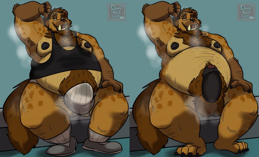 absurd_res anthro black_nipples black_penis bodily_fluids breasts clothing danyredlion facial_hair foreskin genitals gnoll hairy hi_res hyena jockstrap male mammal musk nipples overweight overweight_anthro overweight_intersex penis scaramouche_rotbelly sweat uncircumcised underwear