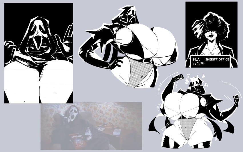 1girls behemaid breasts bursting_breasts cleavage collage covered_navel dead_by_daylight elbow_gloves female_ghostface ghostface gigantic_breasts gloves greyscale hood huge_breasts leotard mask monochrome navel thighhighs thighs yeehawt0wn