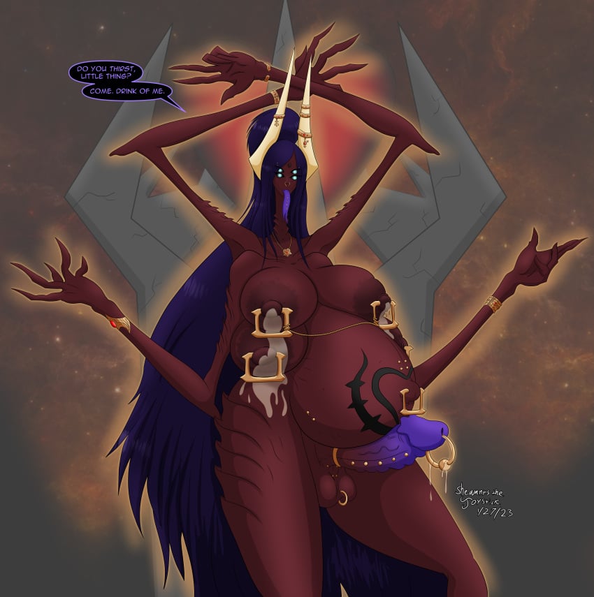 1futa 4_arms 4_breasts 4_eyes areolar_amelanism arms_above_head artist_name belly_piercing belly_tattoo bracelet breasts bumpy_penis dark_sclera demon dialogue english english_dialogue english_text eyebrow_piercing forehead_jewel forked_tongue frenum_ladder frenum_piercing frilled_penis futa_only futanari gesture glowing_aura glowing_eyes horns huge_breasts intersex inviting_to_sex jewelry lactating lactation lactation_without_expressing leaking_cum leaking_milk long_hair long_tongue looking_at_viewer lust_demon navel navel_bar navel_piercing necklace nipple_bar nipple_chain nipple_piercing nipples nose_ring nude nude_futanari oc ponytail popped_navel pregnant_futa prince_albert_piercing pupilless_eyes purple_hair purple_tongue red_body ridges scrotum_piercing scrotum_ring shewantsthejoystick snake_mouth solo space_background speech_bubble statue stretch_marks thick_thighs tongue_piercing two_tone_penis watermark