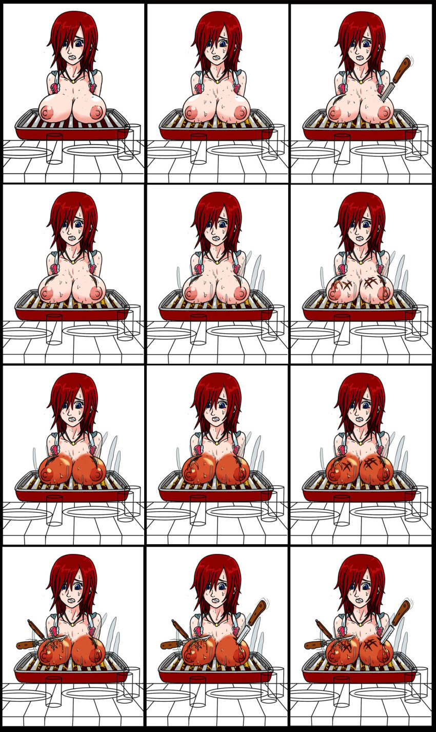 burning comic cutting gore grill guro jim_sugomi kairi kingdom_hearts knife long_hair red_hair stabbed