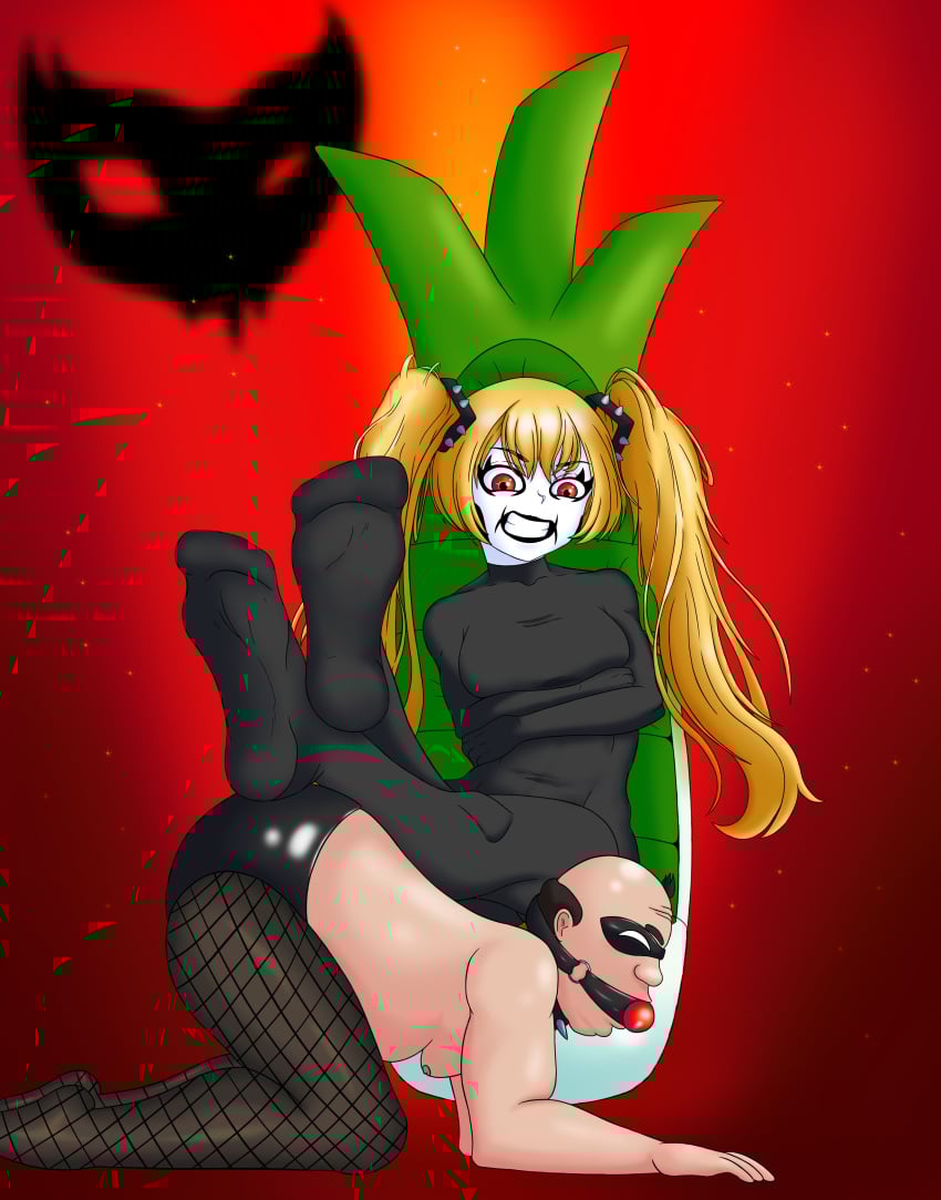 accessory arms_crossed arms_crossed_under_breasts ball_gag bdsm_harness bdsm_outfit bodysuit bondage degradation detroit_metal_city fanart feet_up femdom gagged hatsune_miku johannes_krauser_ii leek legs_on_back mask red_eyes royalforcemeat sitting spikes stepped_on stockings throne tight_clothing vocaloid yellow_hair