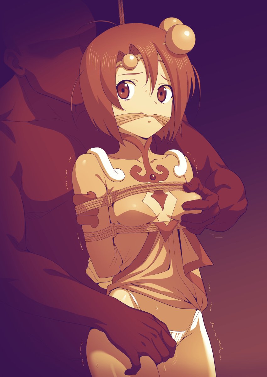 1boy 1girls absurd_res absurdres arms_behind_back assisted_exposure bob_cut bondage bound bound_arms breast_grab breasts brown_eyes brown_hair captured captured_heroine cleavage cleavage_cutout cleave_gag cloth_gag clothed_female_nude_male clothes_lift crotch_rub dark-skinned_male dress dress_lift faceless_male female femsub fondling fondling_breast forced forced_exposure gag gagged groping groping_breasts hair_ornament hand_on_breast hand_on_crotch hand_on_pussy headband hi_res high_resolution highres imminent_rape light-skinned_female looking_behind male maledom molestation motion_lines nervous_sweat nipple_bulge nipples nipples_visible_through_clothing norma_beatty panties rape rope rope_bondage rope_harness rubbing rubbing_pussy scared scared_expression sepia short_hair simple_background small_breasts sweat sweating tales_of_(series) tales_of_legendia teba_motoko thong trembling underwear white_panties white_thong white_underwear worried worried_expression yellow_clothing yellow_dress