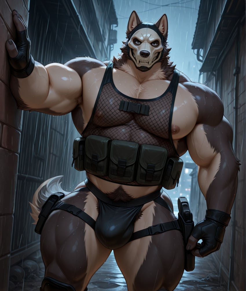 1boy abyssyzzz ai_generated alley anthro anthro_only bara beard big_breasts big_muscles canine fur furry gay huge_nipples huge_pectorals husky jockstrap looking_at_viewer male male_focus male_only mask masked masked_male muscles muscular muscular_anthro muscular_male raining siberian_husky solo standing tactical_gear tactical_nudity thick_legs thick_thighs veiny veiny_muscles wet wet_body