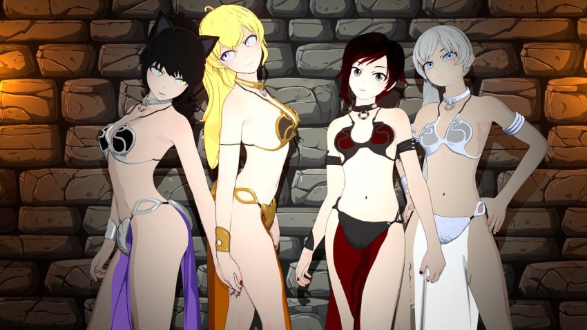 3d 4girls big_breasts bikini_armor black_hair blake_belladonna blonde_hair blue_eyes breasts busty cat_ears catgirl cleavage cosplay female female_only grey_eyes grey_hair hi_res holding_hands large_breasts legs looking_at_viewer navel ponytail pose posing rooster_teeth ruby_rose rwby short_hair sideboob silver_eyes sisters team_rwby thighs viz_media voluptuous weiss_schnee white_hair yang_xiao_long yellow_eyes