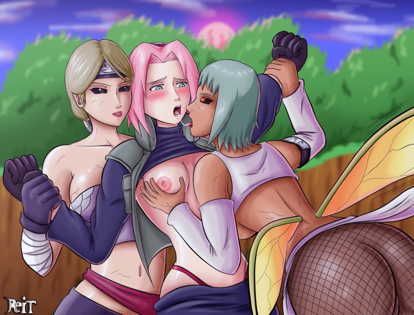 3girls breast_grab dark-skinned_female dark_skin edo_tensei female female_only fuu_(naruto) green_hair human jinchuriki multiple_females multiple_girls naruto naruto_shippuden nii_yugito partial_transformation reit sakura_haruno tobi's_pets yuri