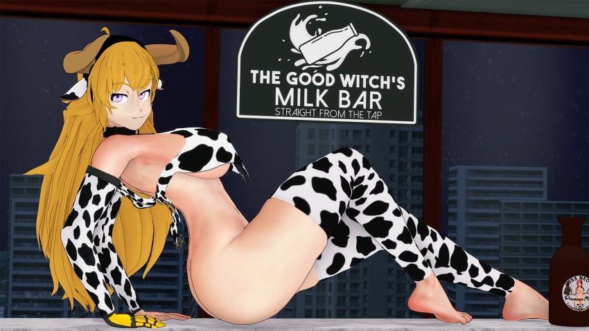 1girls bikini bikini_top blonde_female blonde_hair cow_ears cow_horns cow_print cow_print_bikini female indrick_[artist] long_hair long_hair_female pose posing purple_eyes robotic_arm rwby solo_female yang_xiao_long