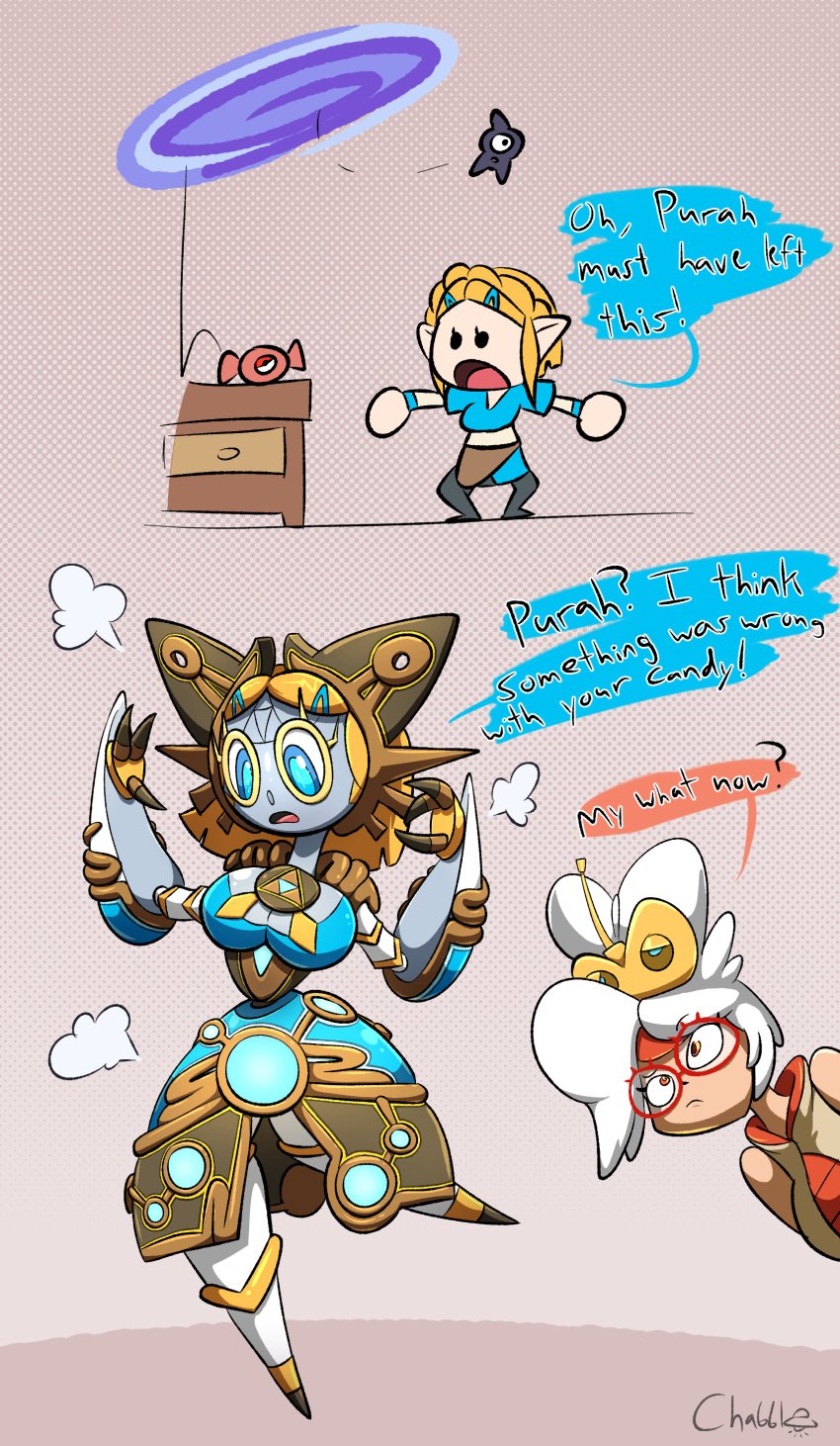 blue_eyes chabble comic dialogue female fusion_character guardian_(zelda) magearna pokemon pokemon_(species) portal princess_zelda purah purah_(tears_of_the_kingdom) rare_candy robot robot_girl robot_humanoid tears_of_the_kingdom the_legend_of_zelda the_legend_of_zelda:_tears_of_the_kingdom transformation unown white_hair yellow_hair