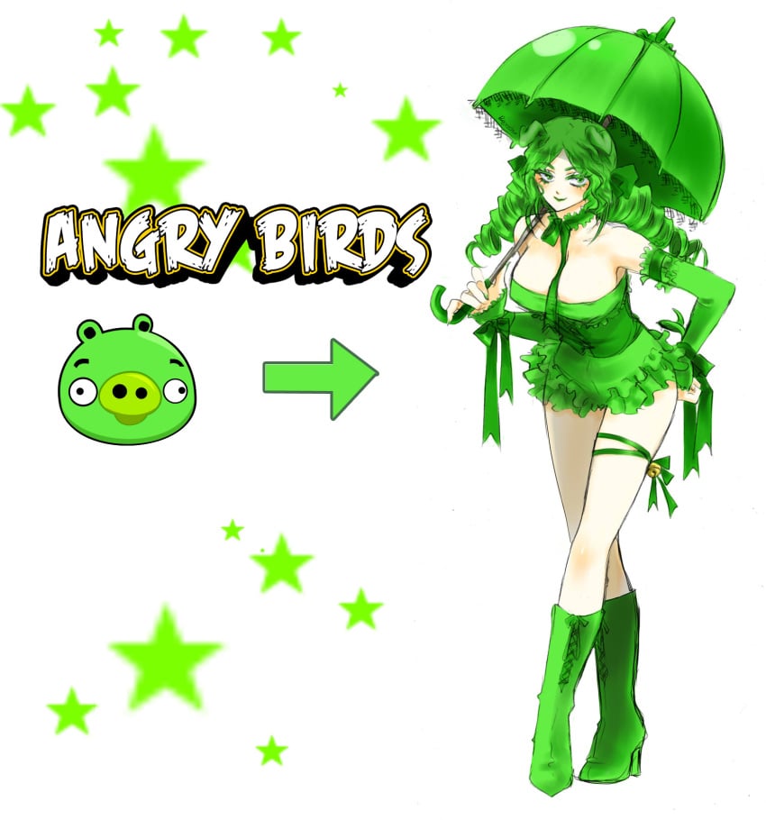 angry_birds beige_skin bell boots clothes dress female footwear green green_eyes green_hair hair high_heel_boots human humanized interspecies long_hair looking_at_viewer male nude open_eyes pig pig_(angry_birds) round_ears rovio rule_63 sega suina sus_(pig) umbrella