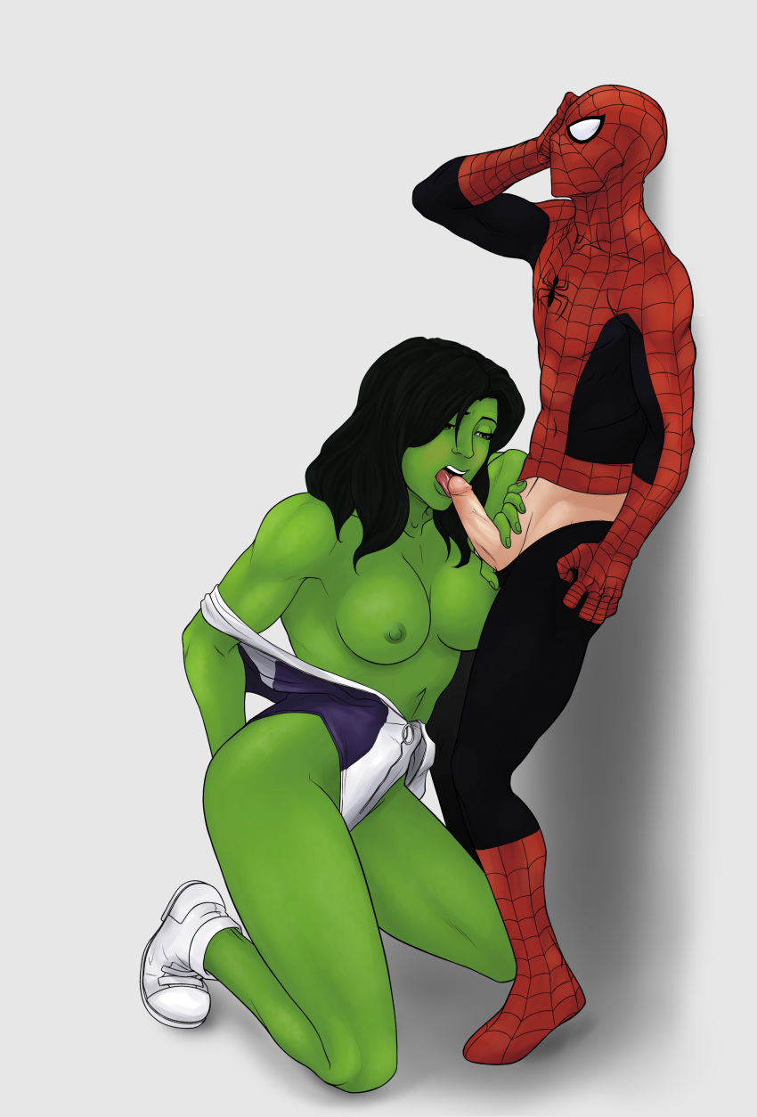 1boy 1girls avengers big_breasts breasts faceless_male fellatio female green_hair green_skin hulk_(series) leotard licking_penis male marvel marvel_comics nipples on_knees oral parcheesy penis penis_out she-hulk shoes snowman1940 spider-man spider-man_(series) straight straight_hair unzipped