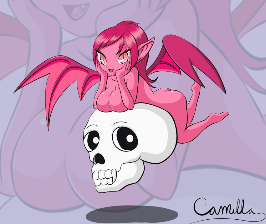 carmilla carmilla_(castlevania) castlevania devil_wings ecchi-senshi nippleless pink_skin skull_head tagme vampire_girl