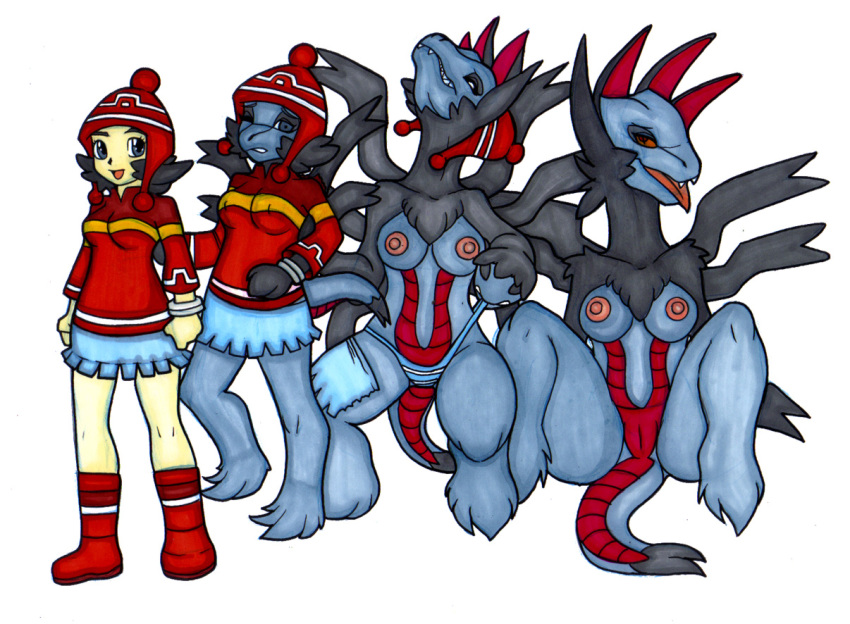 anthro blue_eyes blue_hair boots carlita_(pokemon) female hat hydreigon ivanks karita_(pokemon) nipples pokemon pokemon_bw skirt smile sweater tagme transformation