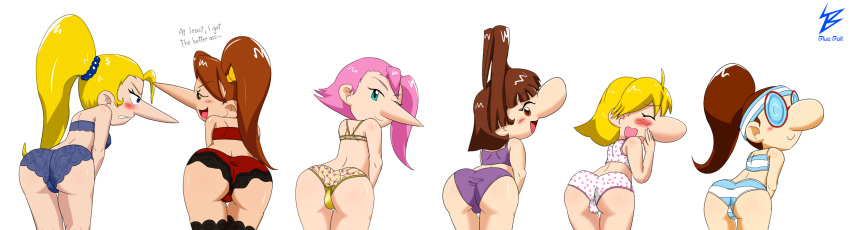 6+girls 6girls ass blush bolt(artist) bra dialogue female female_only glasses headband human kaede_(sbk) linda_maltinie looking_back multiple_females multiple_girls nancy_neil nicole_couch pamela_rasteri panties pink_hair presenting_hindquarters snowboard_kids underwear wendy_lane