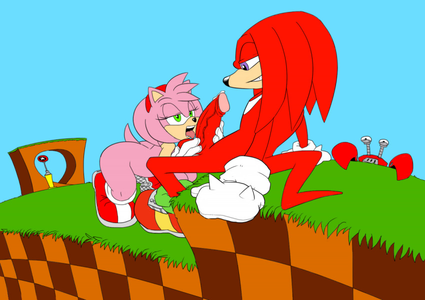 amy_rose anthro color echidna fellatio female fur furry furry_only hedgehog knuckles_the_echidna majike male mammal monotreme outdoors pink_fur ravnic red_fur short_hair sitting sonic_(series) straight uncensored