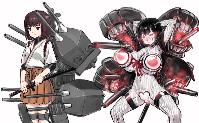 2girls 774_(nanashi) blush breasts dark_persona fishnets glowing glowing_eyes hakama hyuuga_(kantai_collection) japanese_clothes kantai_collection katana large_breasts multiple_girls muneate nipples personification pussy short_hair skirt smile sword weapon